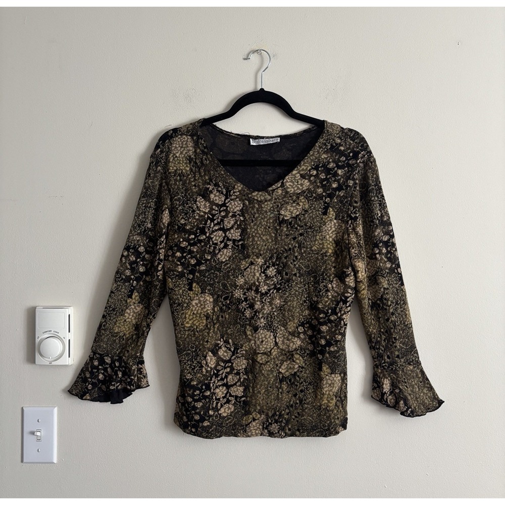Vintage‎ Y2K 90s 2000s Whimsigoth Stretch Top Flutter Sleeve Black Brown Medium